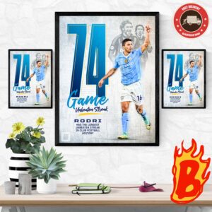 Congrats To Rodri From Manchester City Has Been The Player With The Longest Unbeaten Run In Club Football History Premier League Champions Wall Decor Poster Canvas