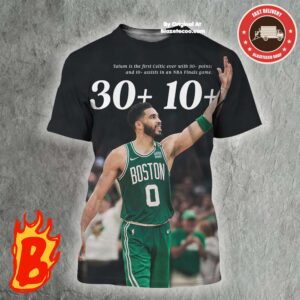 Congrats To Jayson Tatum Is The First Celtic Ever With 30+ Points And 10+ Assists In An NBA Finals Game All Over Print Shirt